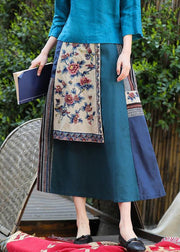 Vintage Blue Wrinkled Embroideried Pockets Patchwork Linen Skirt Summer