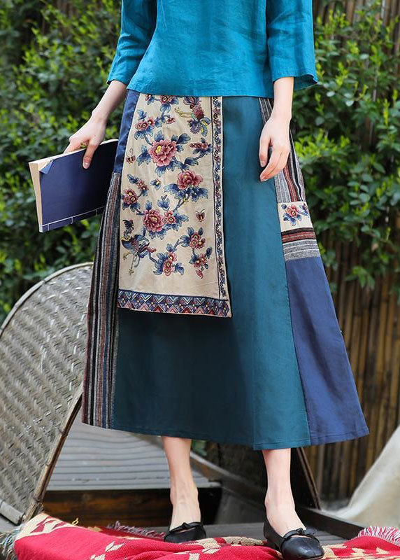 Vintage Blue Wrinkled Embroideried Pockets Patchwork Linen Skirt Summer