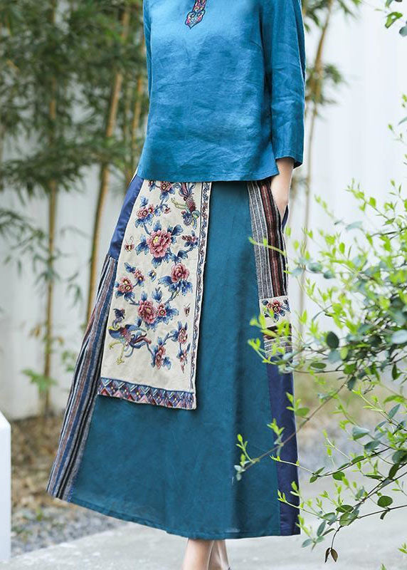 Vintage Blue Wrinkled Embroideried Pockets Patchwork Linen Skirt Summer