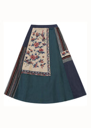 Vintage Blue Wrinkled Embroideried Pockets Patchwork Linen Skirt Summer