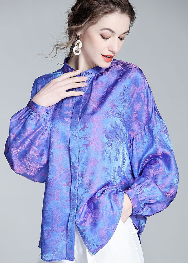 Vintage Blue Wrinkled Patchwork Jacquard Silk Shirts Spring