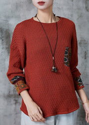 Vintage Brick Red Applique Patchwork Knit Sweater Spring