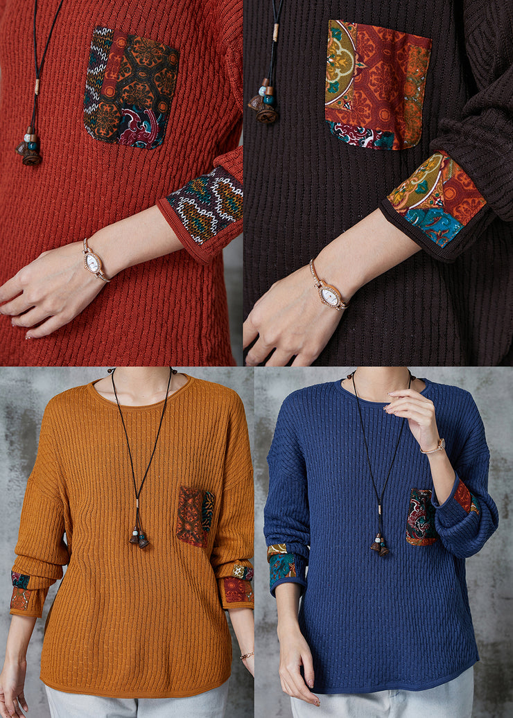 Vintage Brick Red Applique Patchwork Knit Sweater Spring