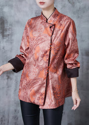 Vintage Brick Red Mandarin Collar Print Silk Shirt Spring