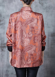 Vintage Brick Red Mandarin Collar Print Silk Shirt Spring