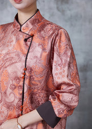 Vintage Brick Red Mandarin Collar Print Silk Shirt Spring