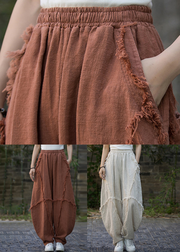 Vintage Brick Red Pockets High Waist Linen Pants Summer