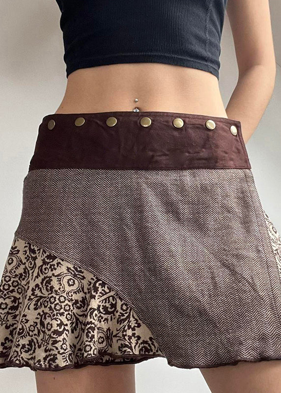 Vintage Brown Asymmetrical Print Rivet Patchwork Cotton Skirts Fall