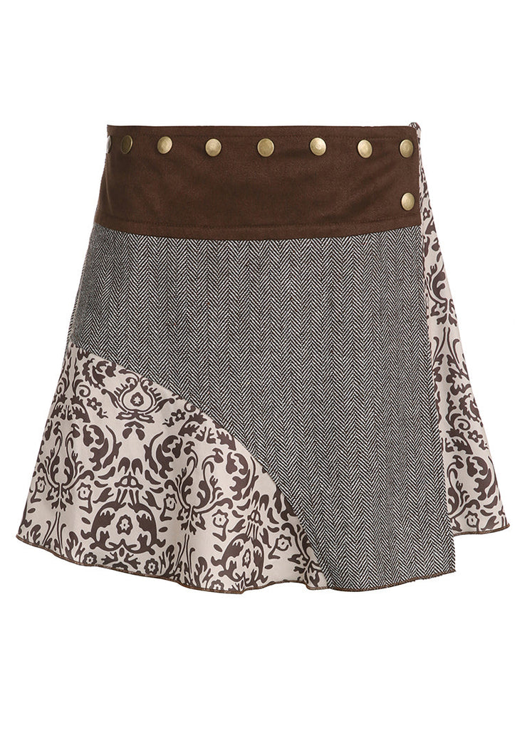 Vintage Brown Asymmetrical Print Rivet Patchwork Cotton Skirts Fall