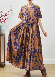 Vintage Brown Cinched Print Cotton Long Dresses Summer