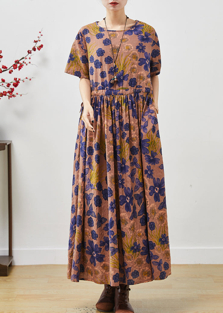 Vintage Brown Cinched Print Cotton Long Dresses Summer