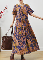 Vintage Brown Cinched Print Cotton Long Dresses Summer