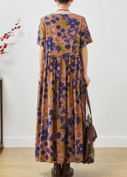 Vintage Brown Cinched Print Cotton Long Dresses Summer