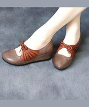 Vintage Brown Comfortable Cowhide Leather High Wedge Heels Shoes