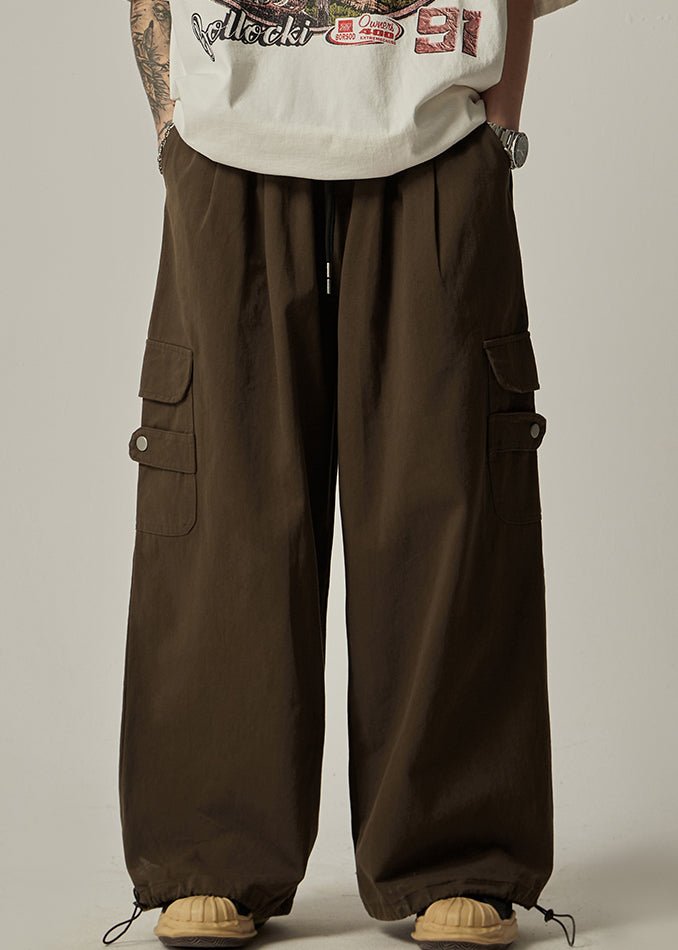 Vintage Brown Drawstring Pockets Cotton Mens Wide Leg Pants Spring