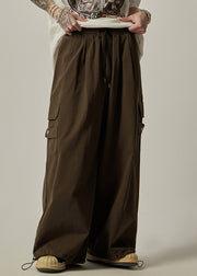 Vintage Brown Drawstring Pockets Cotton Mens Wide Leg Pants Spring