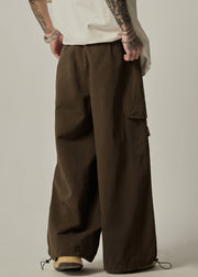 Vintage Brown Drawstring Pockets Cotton Mens Wide Leg Pants Spring