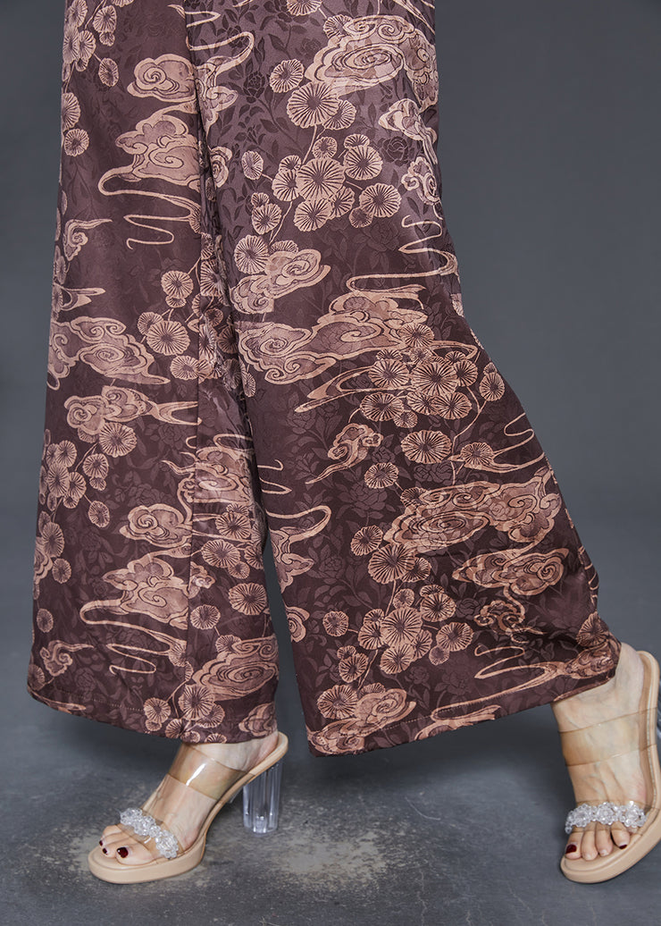 Vintage Brown Elastic Waist Print Silk Wide Leg Pants Spring