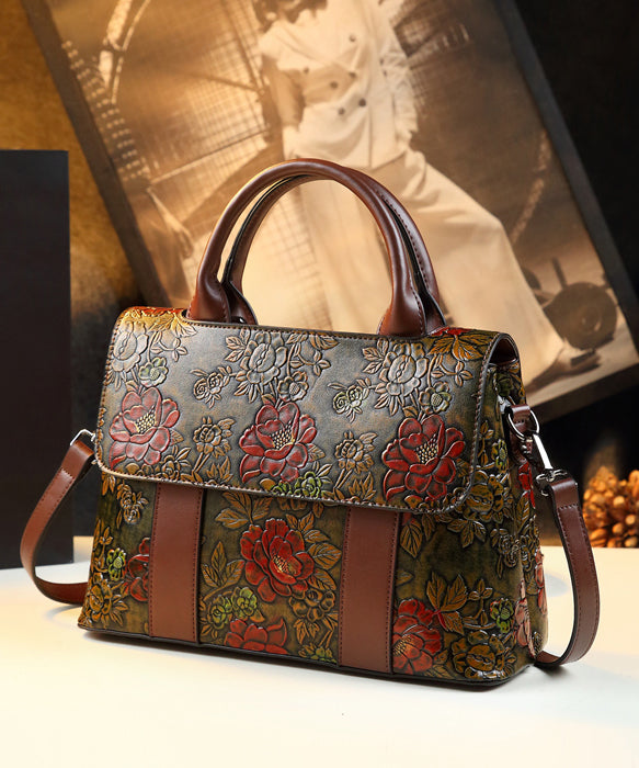 Vintage Brown Flower Embossed Solid Durable Women Handbags