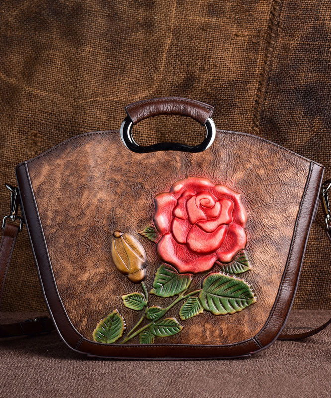 Vintage Brown Flower Jacquard Calf Leather Tote Handbag