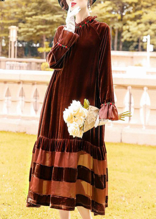 Vintage Brown Oversized Patchwork Silk Velour Robe Dresses Spring