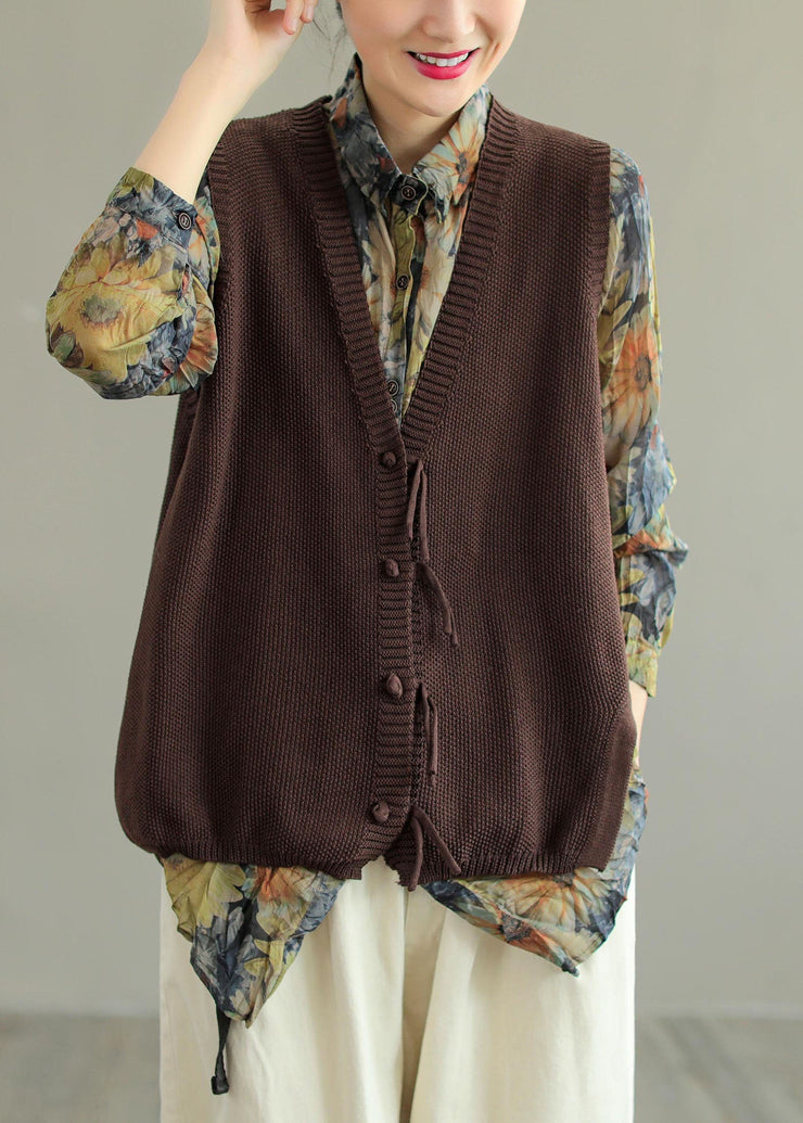 Vintage Brown V Neck Button Tassel Patchwork Knit Vest Sleeveless