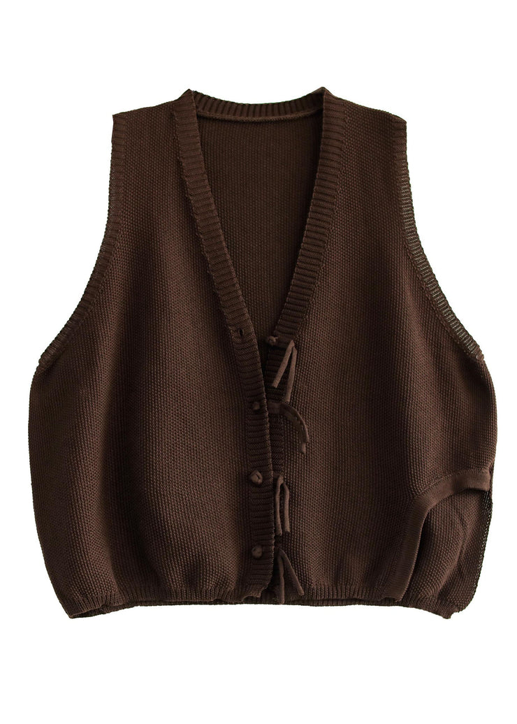 Vintage Brown V Neck Button Tassel Patchwork Knit Vest Sleeveless