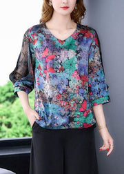 Vintage Butterfly Print V Neck Lace Patchwork Silk Tops Spring