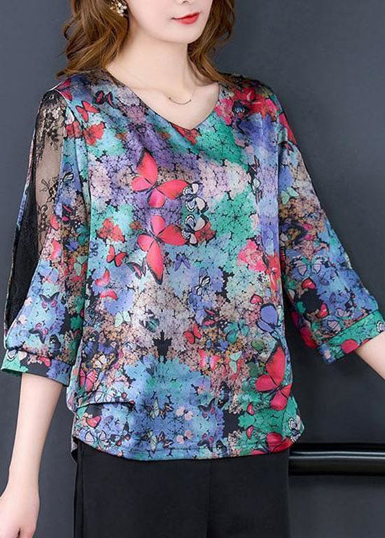 Vintage Butterfly Print V Neck Lace Patchwork Silk Tops Spring