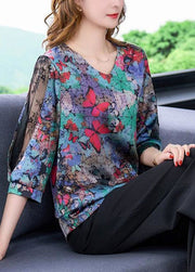 Vintage Butterfly Print V Neck Lace Patchwork Silk Tops Spring