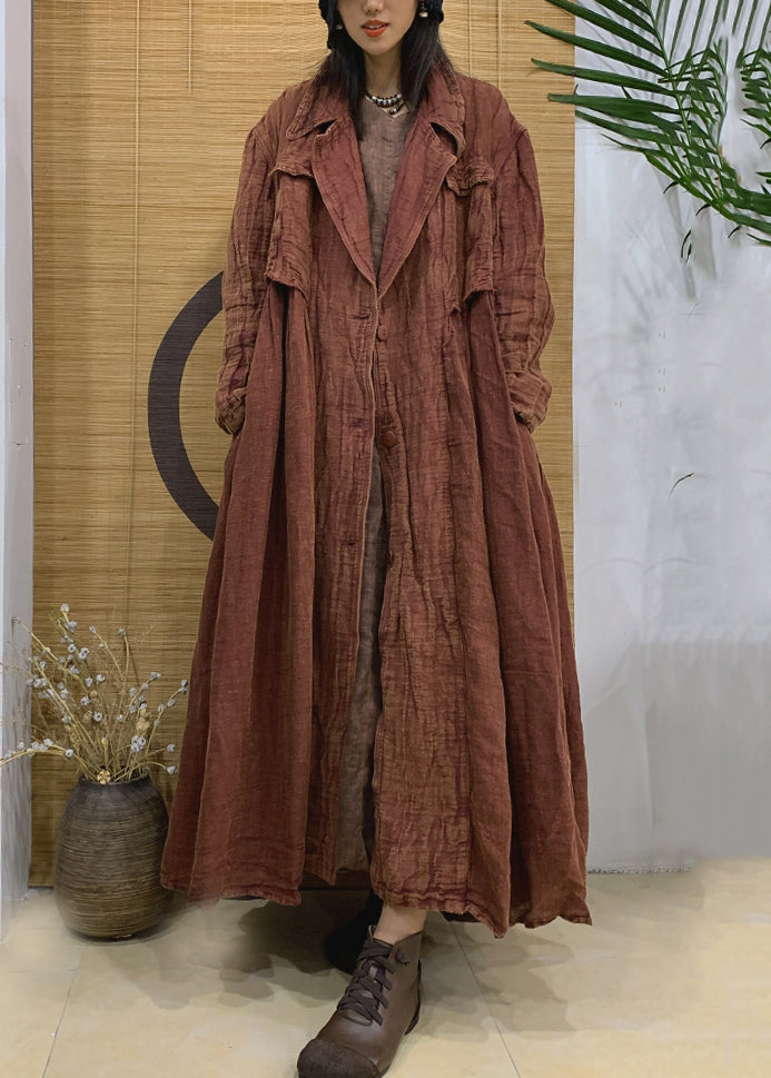 Vintage Caramel Notched Button Linen Trench Coat Spring