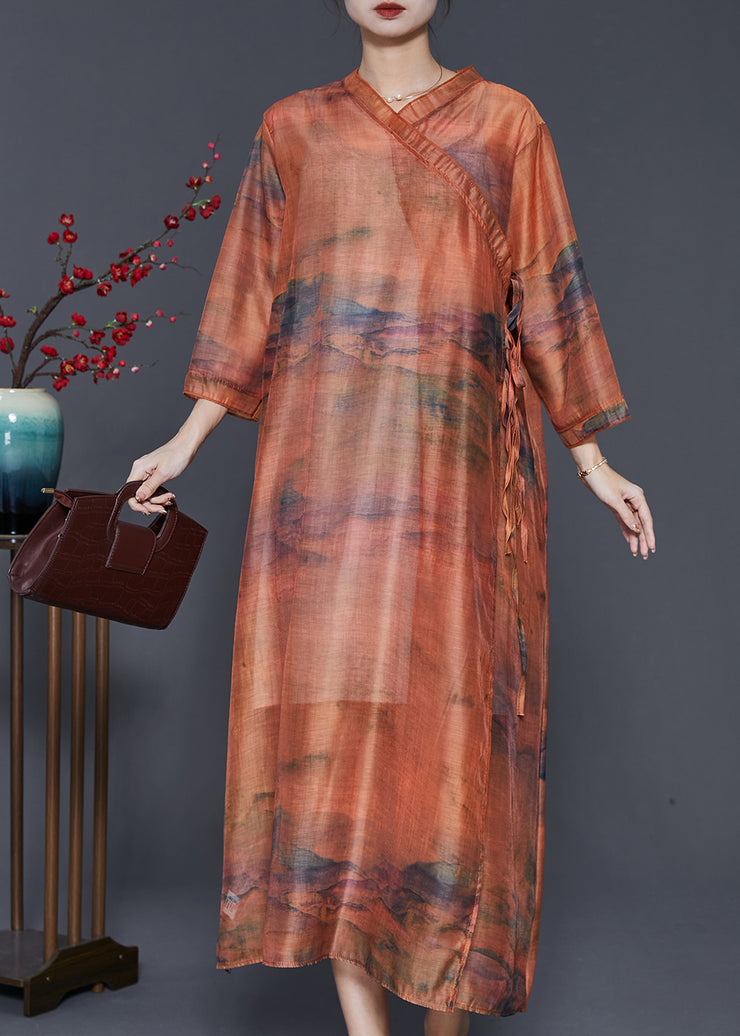 Vintage Caramel Oversized Print Linen Robe Dresses Summer