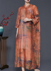 Vintage Caramel Oversized Print Linen Robe Dresses Summer