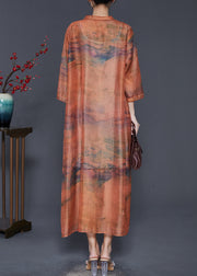 Vintage Caramel Oversized Print Linen Robe Dresses Summer