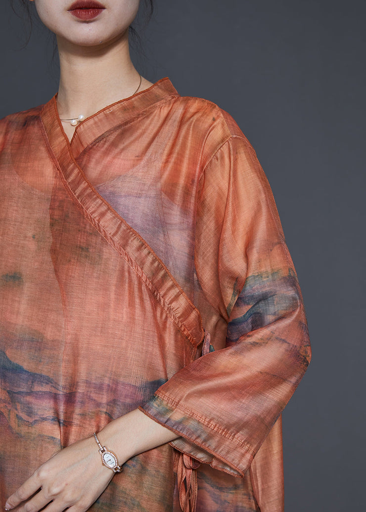 Vintage Caramel Oversized Print Linen Robe Dresses Summer