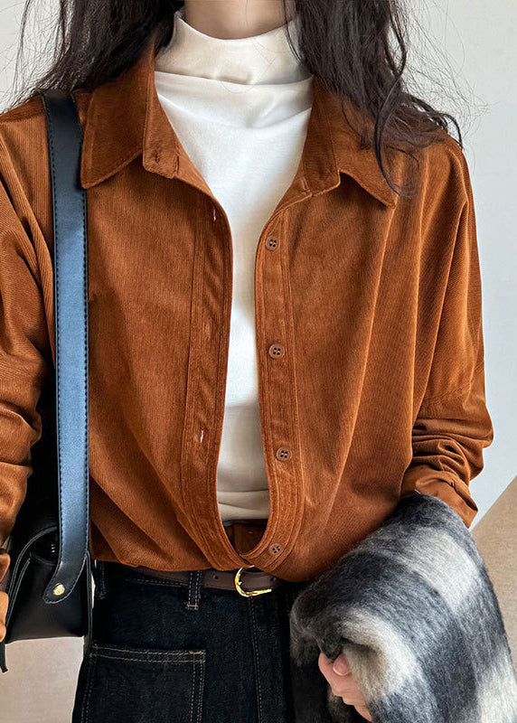 Vintage Caramel Peter Pan Collar Corduroy Shirt Fall