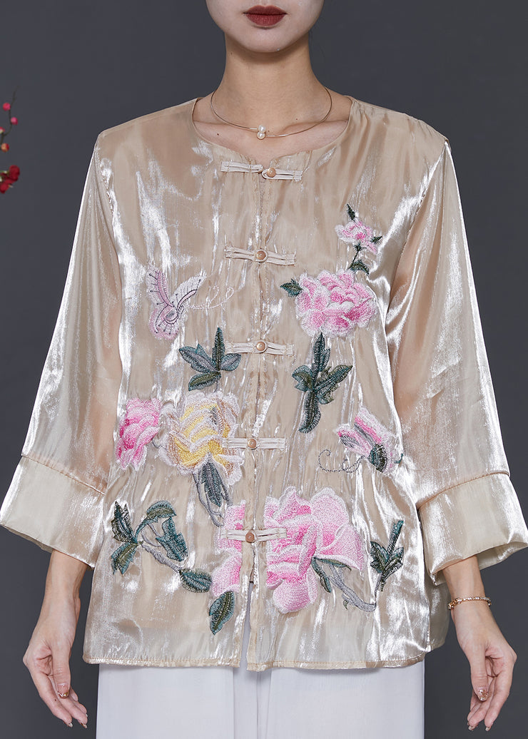 Vintage Champagne Embroidered Linen Silk Shirt Spring