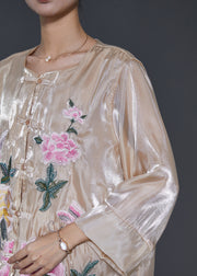 Vintage Champagne Embroidered Linen Silk Shirt Spring