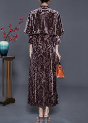 Vintage Chocolate Jacquard Silk Velvet Long Dress Two Piece Set Fall
