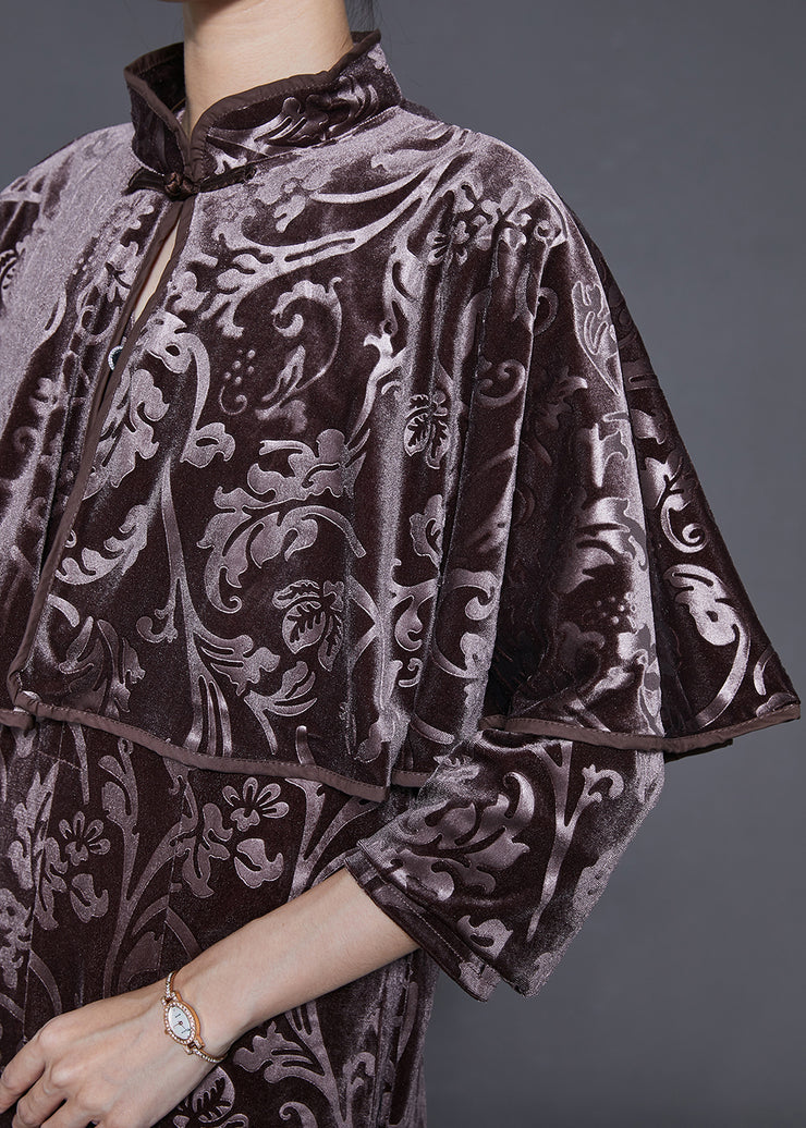 Vintage Chocolate Jacquard Silk Velvet Long Dress Two Piece Set Fall