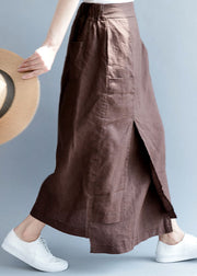 Vintage Chocolate Asymmetrical Side Open Linen Skirts Fall