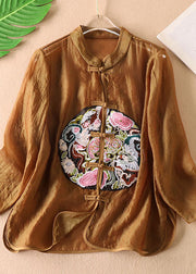 Vintage Coffee Chinese Button Embroideried Tulle Blouses Long sleeve