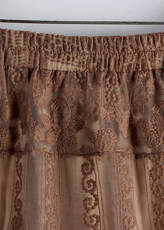 Vintage Chocolate Colour Embroideried Floral High Waist Tulle A Line Skirt Fall