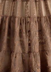 Vintage Chocolate Colour Embroideried Floral High Waist Tulle A Line Skirt Fall