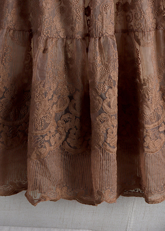 Vintage Chocolate Colour Embroideried Floral High Waist Tulle A Line Skirt Fall