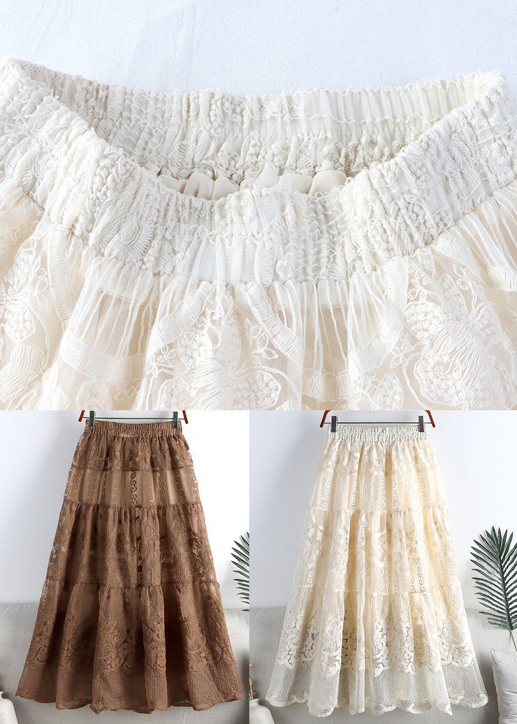 Vintage Chocolate Colour Embroideried Floral High Waist Tulle A Line Skirt Fall