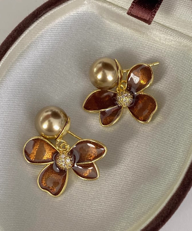 Vintage Coffee Copper Overgild Pearl Stud Earrings