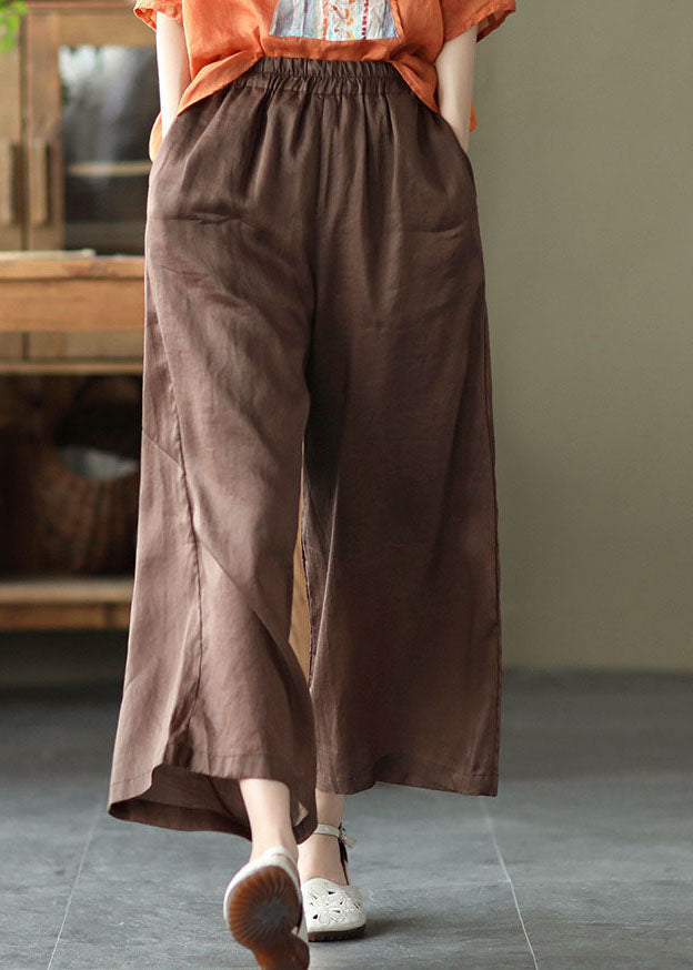 Vintage Chocolate Elastic Waist Pockets Solid Linen Wide Leg Pants Summer