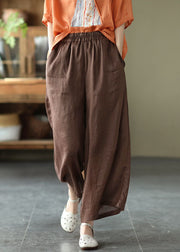 Vintage Chocolate Elastic Waist Pockets Solid Linen Wide Leg Pants Summer