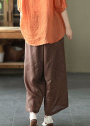 Vintage Chocolate Elastic Waist Pockets Solid Linen Wide Leg Pants Summer